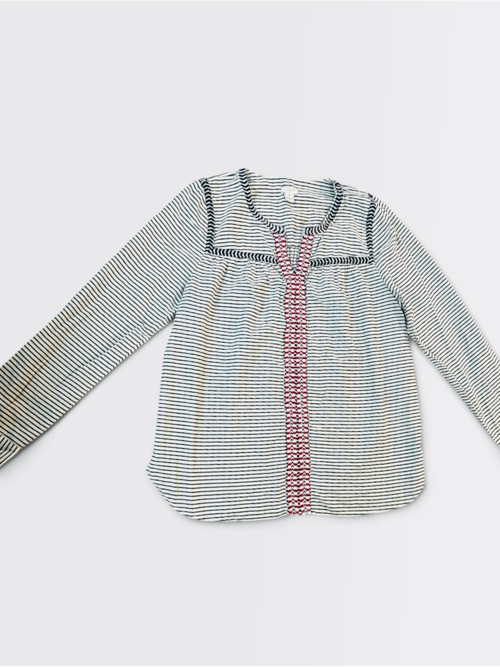 J. Crew Navy and White Striped Long-Sleeve Top with Pink Trim
